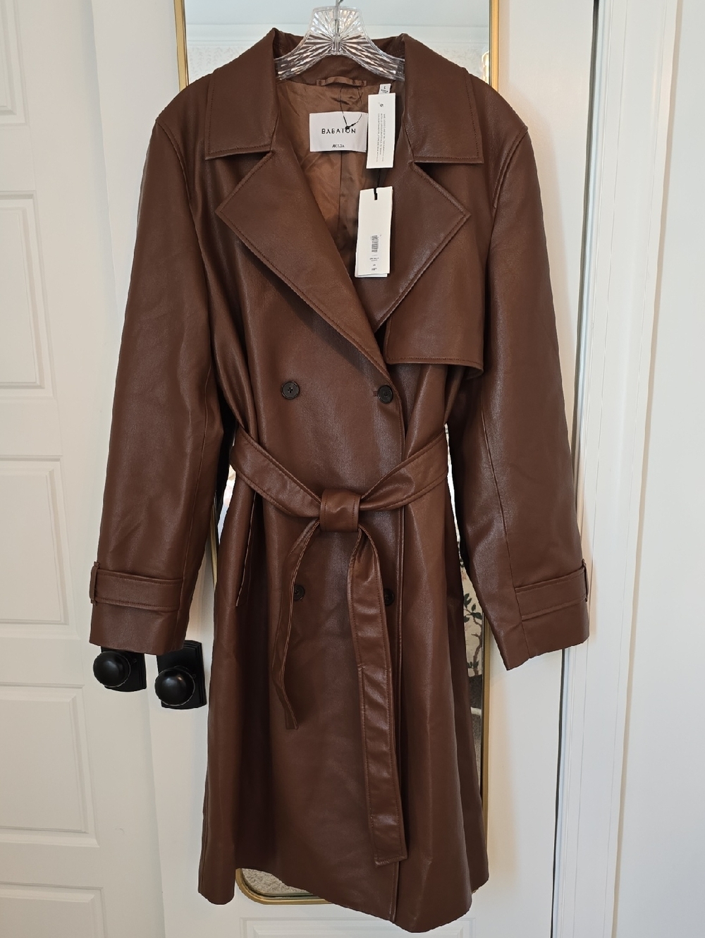 Babaton Aritzia Brown Faux Leather Trench Coat with Belt